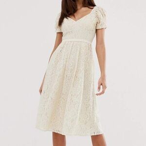 ASOS cream ivory lace mid length puff sleeve dress size 2